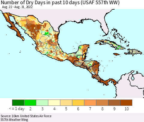 Mexico Central America and the Caribbean Number of Dry Days in past 10 days (USAF 557th WW) Thematic Map For 8/26/2022 - 8/31/2022