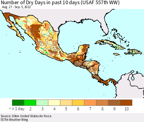 Mexico Central America and the Caribbean Number of Dry Days in past 10 days (USAF 557th WW) Thematic Map For 9/1/2022 - 9/5/2022