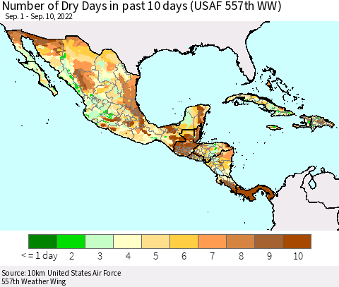 Mexico Central America and the Caribbean Number of Dry Days in past 10 days (USAF 557th WW) Thematic Map For 9/6/2022 - 9/10/2022