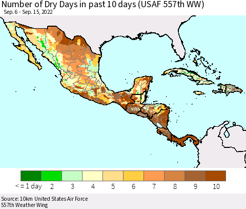 Mexico Central America and the Caribbean Number of Dry Days in past 10 days (USAF 557th WW) Thematic Map For 9/11/2022 - 9/15/2022