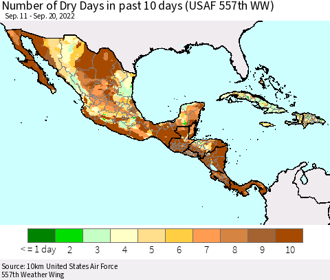 Mexico Central America and the Caribbean Number of Dry Days in past 10 days (USAF 557th WW) Thematic Map For 9/16/2022 - 9/20/2022