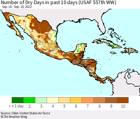 Mexico Central America and the Caribbean Number of Dry Days in past 10 days (USAF 557th WW) Thematic Map For 9/21/2022 - 9/25/2022