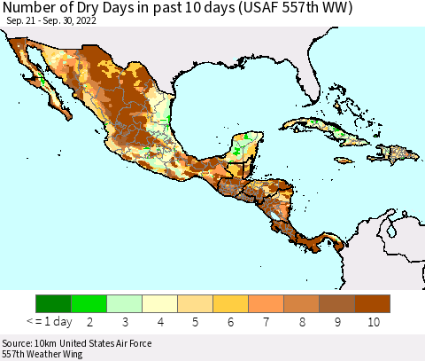 Mexico Central America and the Caribbean Number of Dry Days in past 10 days (USAF 557th WW) Thematic Map For 9/26/2022 - 9/30/2022