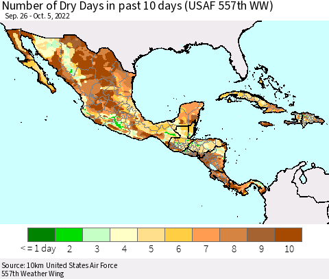 Mexico Central America and the Caribbean Number of Dry Days in past 10 days (USAF 557th WW) Thematic Map For 10/1/2022 - 10/5/2022