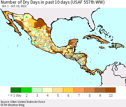 Mexico Central America and the Caribbean Number of Dry Days in past 10 days (USAF 557th WW) Thematic Map For 10/6/2022 - 10/10/2022