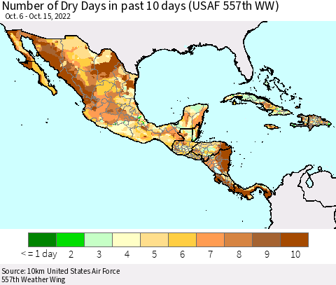 Mexico Central America and the Caribbean Number of Dry Days in past 10 days (USAF 557th WW) Thematic Map For 10/11/2022 - 10/15/2022