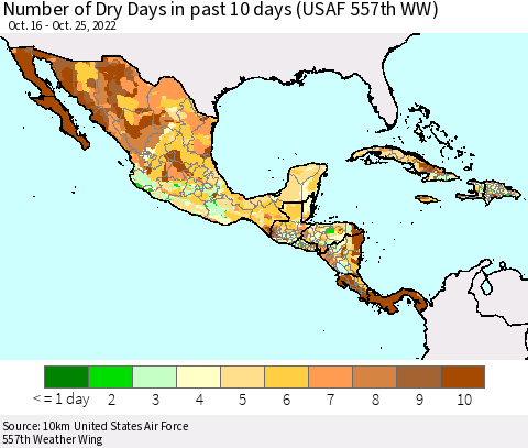 Mexico Central America and the Caribbean Number of Dry Days in past 10 days (USAF 557th WW) Thematic Map For 10/21/2022 - 10/25/2022