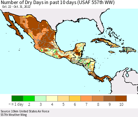 Mexico Central America and the Caribbean Number of Dry Days in past 10 days (USAF 557th WW) Thematic Map For 10/26/2022 - 10/31/2022