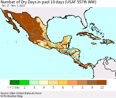 Mexico Central America and the Caribbean Number of Dry Days in past 10 days (USAF 557th WW) Thematic Map For 11/1/2022 - 11/5/2022