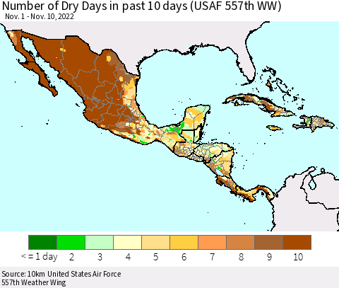Mexico Central America and the Caribbean Number of Dry Days in past 10 days (USAF 557th WW) Thematic Map For 11/6/2022 - 11/10/2022