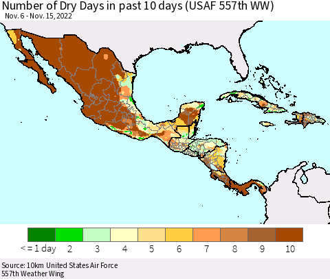 Mexico Central America and the Caribbean Number of Dry Days in past 10 days (USAF 557th WW) Thematic Map For 11/11/2022 - 11/15/2022