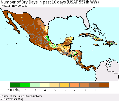 Mexico Central America and the Caribbean Number of Dry Days in past 10 days (USAF 557th WW) Thematic Map For 11/16/2022 - 11/20/2022