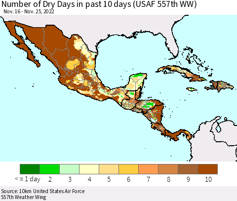 Mexico Central America and the Caribbean Number of Dry Days in past 10 days (USAF 557th WW) Thematic Map For 11/21/2022 - 11/25/2022