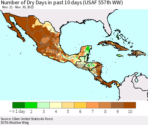 Mexico Central America and the Caribbean Number of Dry Days in past 10 days (USAF 557th WW) Thematic Map For 11/26/2022 - 11/30/2022