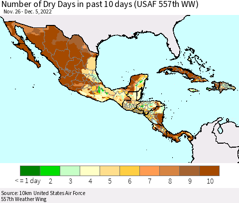 Mexico Central America and the Caribbean Number of Dry Days in past 10 days (USAF 557th WW) Thematic Map For 12/1/2022 - 12/5/2022