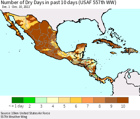 Mexico Central America and the Caribbean Number of Dry Days in past 10 days (USAF 557th WW) Thematic Map For 12/6/2022 - 12/10/2022