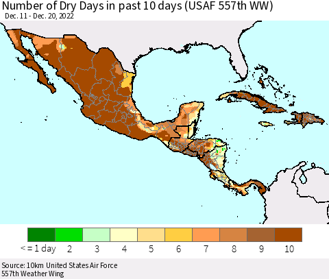 Mexico Central America and the Caribbean Number of Dry Days in past 10 days (USAF 557th WW) Thematic Map For 12/16/2022 - 12/20/2022