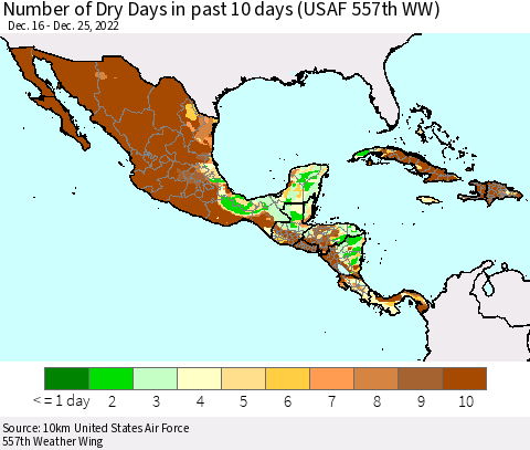 Mexico Central America and the Caribbean Number of Dry Days in past 10 days (USAF 557th WW) Thematic Map For 12/21/2022 - 12/25/2022