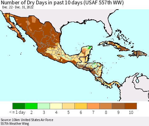 Mexico Central America and the Caribbean Number of Dry Days in past 10 days (USAF 557th WW) Thematic Map For 12/26/2022 - 12/31/2022