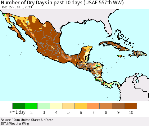 Mexico Central America and the Caribbean Number of Dry Days in past 10 days (USAF 557th WW) Thematic Map For 1/1/2023 - 1/5/2023
