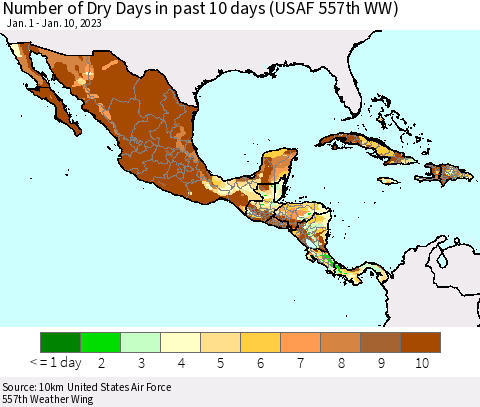 Mexico Central America and the Caribbean Number of Dry Days in past 10 days (USAF 557th WW) Thematic Map For 1/6/2023 - 1/10/2023