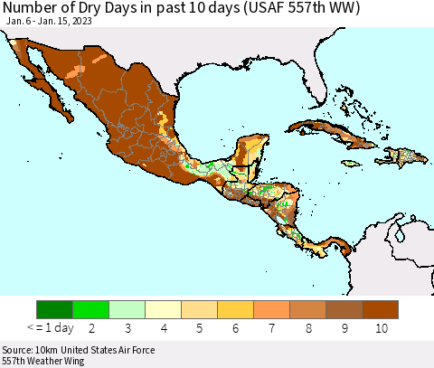 Mexico Central America and the Caribbean Number of Dry Days in past 10 days (USAF 557th WW) Thematic Map For 1/11/2023 - 1/15/2023