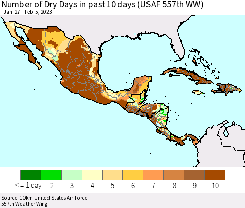 Mexico Central America and the Caribbean Number of Dry Days in past 10 days (USAF 557th WW) Thematic Map For 2/1/2023 - 2/5/2023