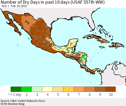 Mexico Central America and the Caribbean Number of Dry Days in past 10 days (USAF 557th WW) Thematic Map For 2/6/2023 - 2/10/2023