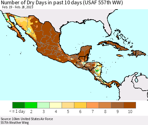 Mexico Central America and the Caribbean Number of Dry Days in past 10 days (USAF 557th WW) Thematic Map For 2/26/2023 - 2/28/2023
