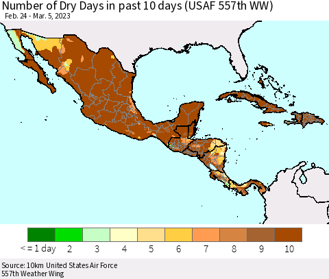 Mexico Central America and the Caribbean Number of Dry Days in past 10 days (USAF 557th WW) Thematic Map For 3/1/2023 - 3/5/2023