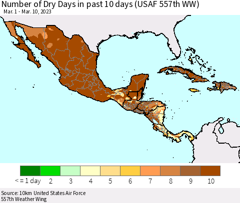 Mexico Central America and the Caribbean Number of Dry Days in past 10 days (USAF 557th WW) Thematic Map For 3/6/2023 - 3/10/2023
