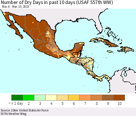 Mexico Central America and the Caribbean Number of Dry Days in past 10 days (USAF 557th WW) Thematic Map For 3/11/2023 - 3/15/2023