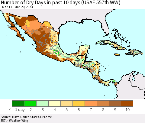 Mexico Central America and the Caribbean Number of Dry Days in past 10 days (USAF 557th WW) Thematic Map For 3/16/2023 - 3/20/2023