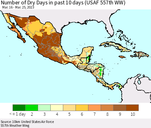 Mexico Central America and the Caribbean Number of Dry Days in past 10 days (USAF 557th WW) Thematic Map For 3/21/2023 - 3/25/2023