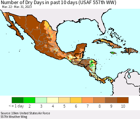 Mexico Central America and the Caribbean Number of Dry Days in past 10 days (USAF 557th WW) Thematic Map For 3/26/2023 - 3/31/2023