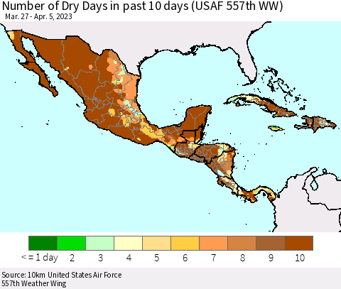 Mexico Central America and the Caribbean Number of Dry Days in past 10 days (USAF 557th WW) Thematic Map For 4/1/2023 - 4/5/2023