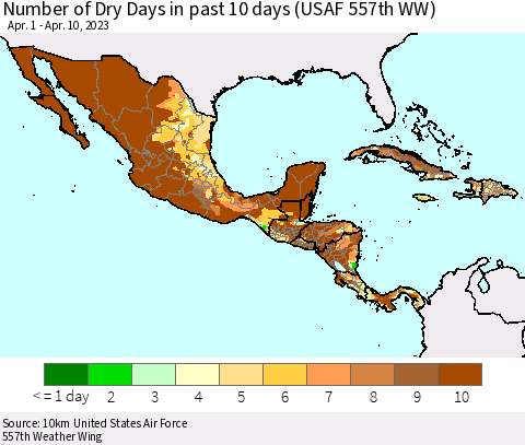 Mexico Central America and the Caribbean Number of Dry Days in past 10 days (USAF 557th WW) Thematic Map For 4/6/2023 - 4/10/2023