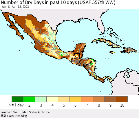 Mexico Central America and the Caribbean Number of Dry Days in past 10 days (USAF 557th WW) Thematic Map For 4/11/2023 - 4/15/2023