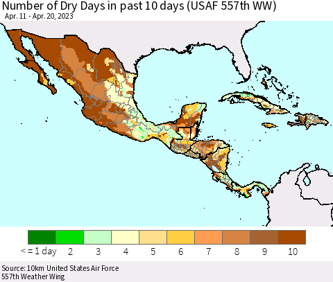 Mexico Central America and the Caribbean Number of Dry Days in past 10 days (USAF 557th WW) Thematic Map For 4/16/2023 - 4/20/2023