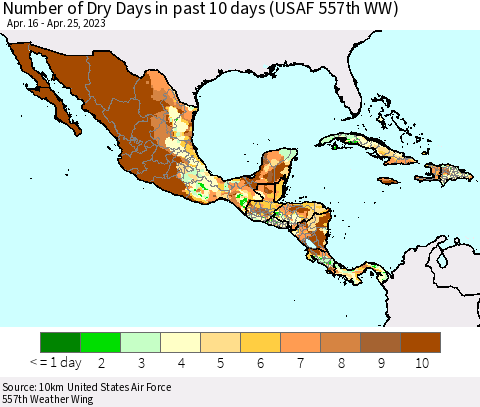 Mexico Central America and the Caribbean Number of Dry Days in past 10 days (USAF 557th WW) Thematic Map For 4/21/2023 - 4/25/2023