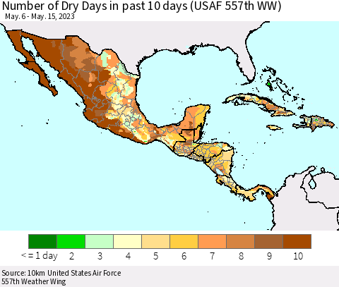 Mexico Central America and the Caribbean Number of Dry Days in past 10 days (USAF 557th WW) Thematic Map For 5/11/2023 - 5/15/2023