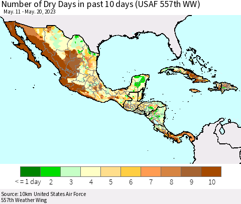 Mexico Central America and the Caribbean Number of Dry Days in past 10 days (USAF 557th WW) Thematic Map For 5/16/2023 - 5/20/2023