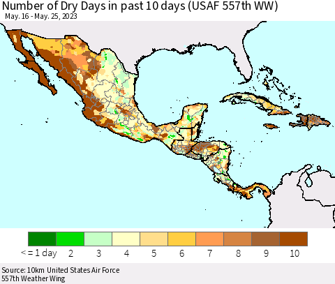Mexico Central America and the Caribbean Number of Dry Days in past 10 days (USAF 557th WW) Thematic Map For 5/21/2023 - 5/25/2023