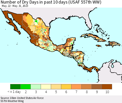 Mexico Central America and the Caribbean Number of Dry Days in past 10 days (USAF 557th WW) Thematic Map For 5/26/2023 - 5/31/2023