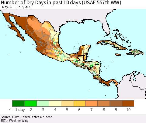 Mexico Central America and the Caribbean Number of Dry Days in past 10 days (USAF 557th WW) Thematic Map For 6/1/2023 - 6/5/2023