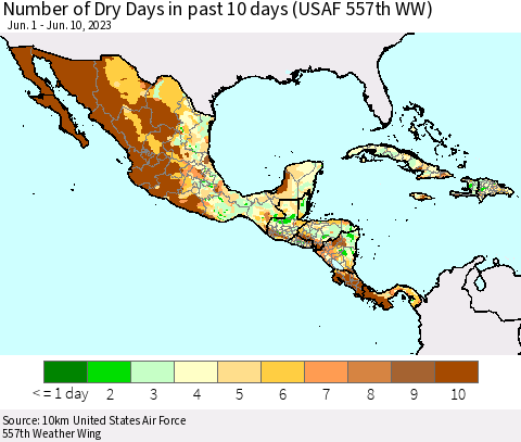 Mexico Central America and the Caribbean Number of Dry Days in past 10 days (USAF 557th WW) Thematic Map For 6/6/2023 - 6/10/2023