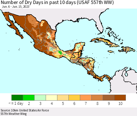 Mexico Central America and the Caribbean Number of Dry Days in past 10 days (USAF 557th WW) Thematic Map For 6/11/2023 - 6/15/2023