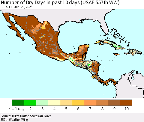 Mexico Central America and the Caribbean Number of Dry Days in past 10 days (USAF 557th WW) Thematic Map For 6/16/2023 - 6/20/2023