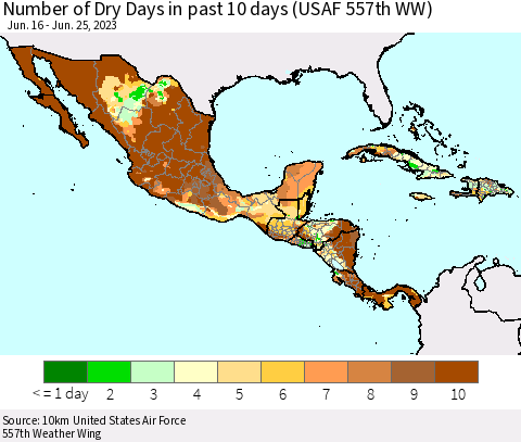 Mexico Central America and the Caribbean Number of Dry Days in past 10 days (USAF 557th WW) Thematic Map For 6/21/2023 - 6/25/2023