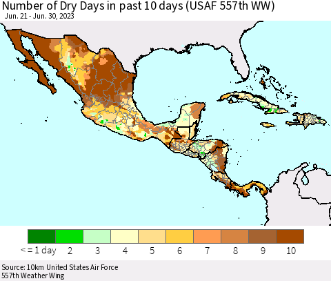 Mexico Central America and the Caribbean Number of Dry Days in past 10 days (USAF 557th WW) Thematic Map For 6/26/2023 - 6/30/2023